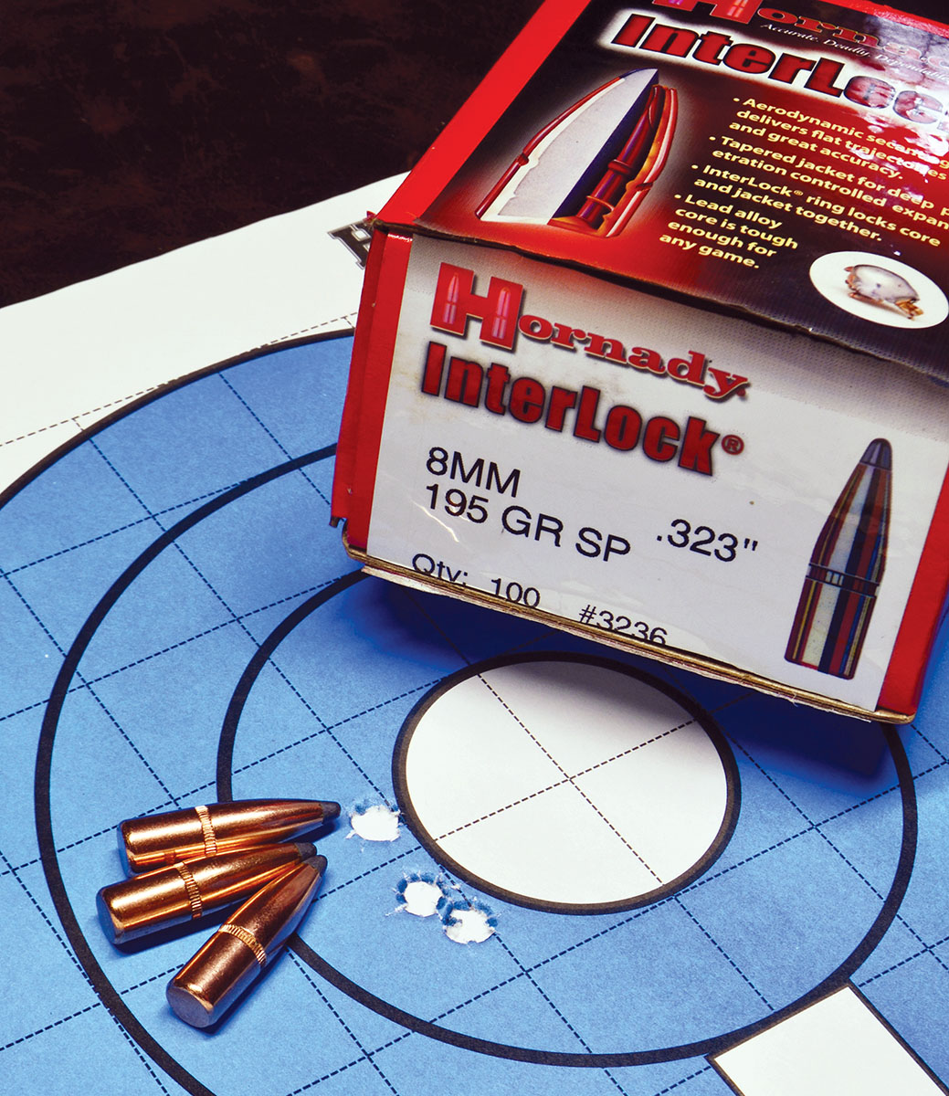 A 50 yard group with the 195-grain Hornady  InterLock SP bullets measured 0.8 inches.